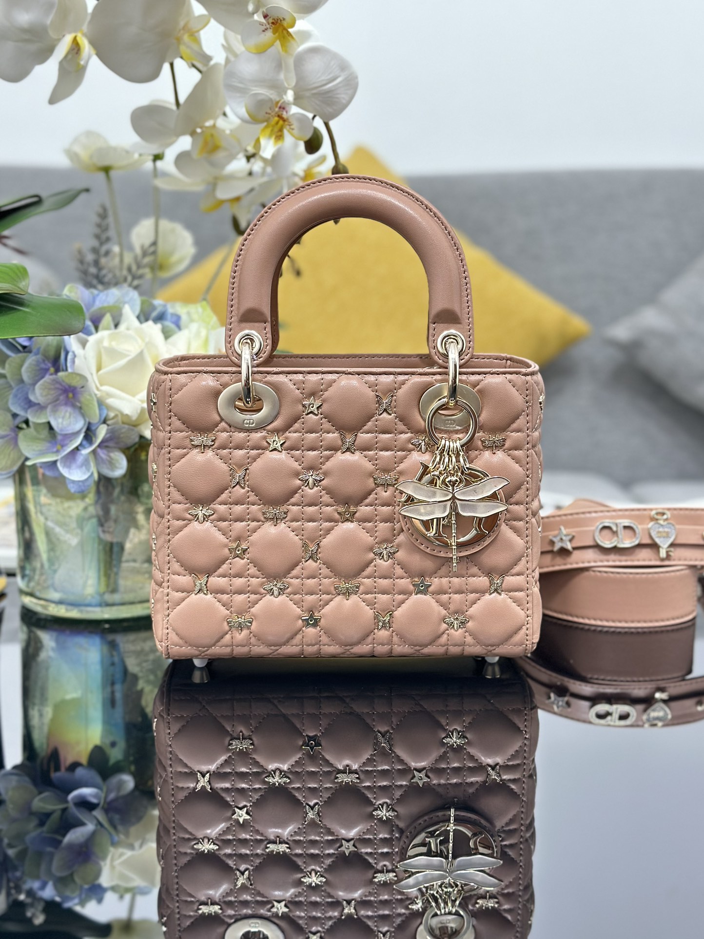 Small Lady Dior Bag Pink Lambskin with Dragonfly Nail